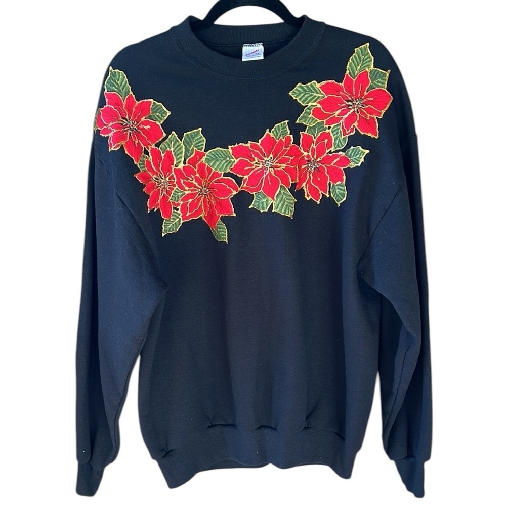 Vintage Jerzees Sweat Shirt Black Womens XL Handmade Poinsettia Design Like New
